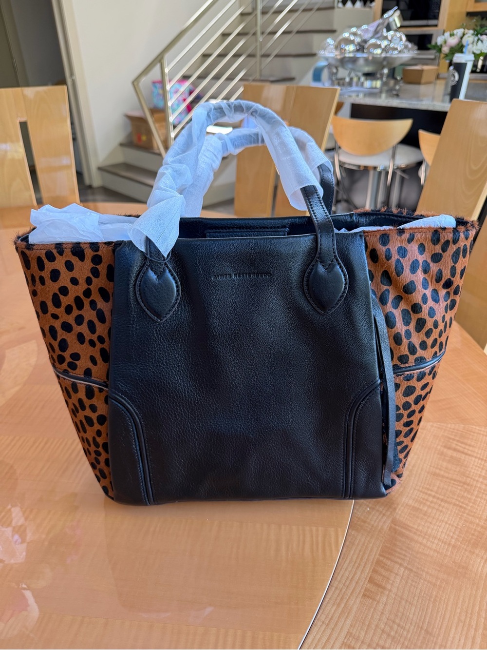 Aimee Kestenberg Black Leather Tote with Brown Leopard Panels